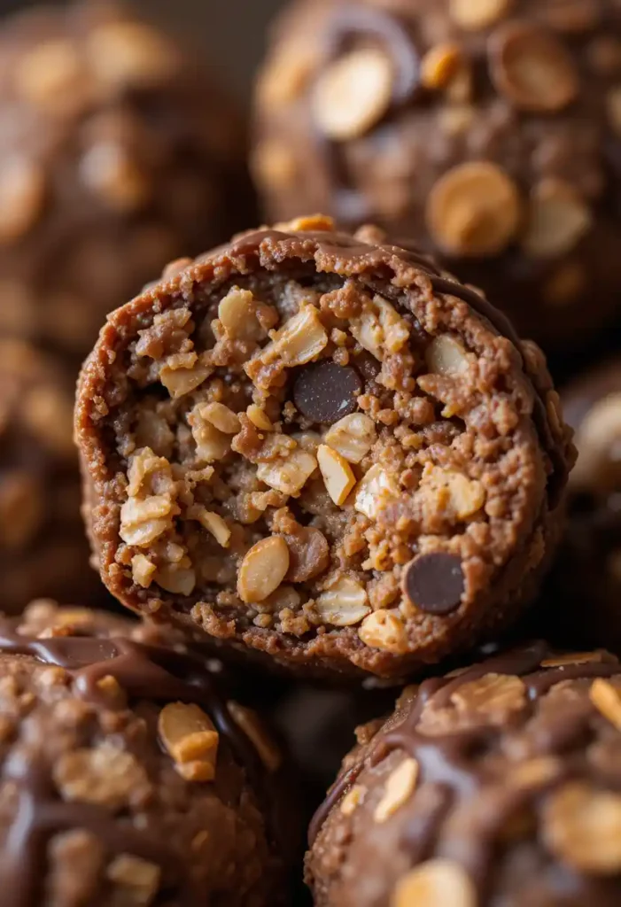 Close-up of chewy no-bake chocolate oatmeal bite with oats and peanut butter