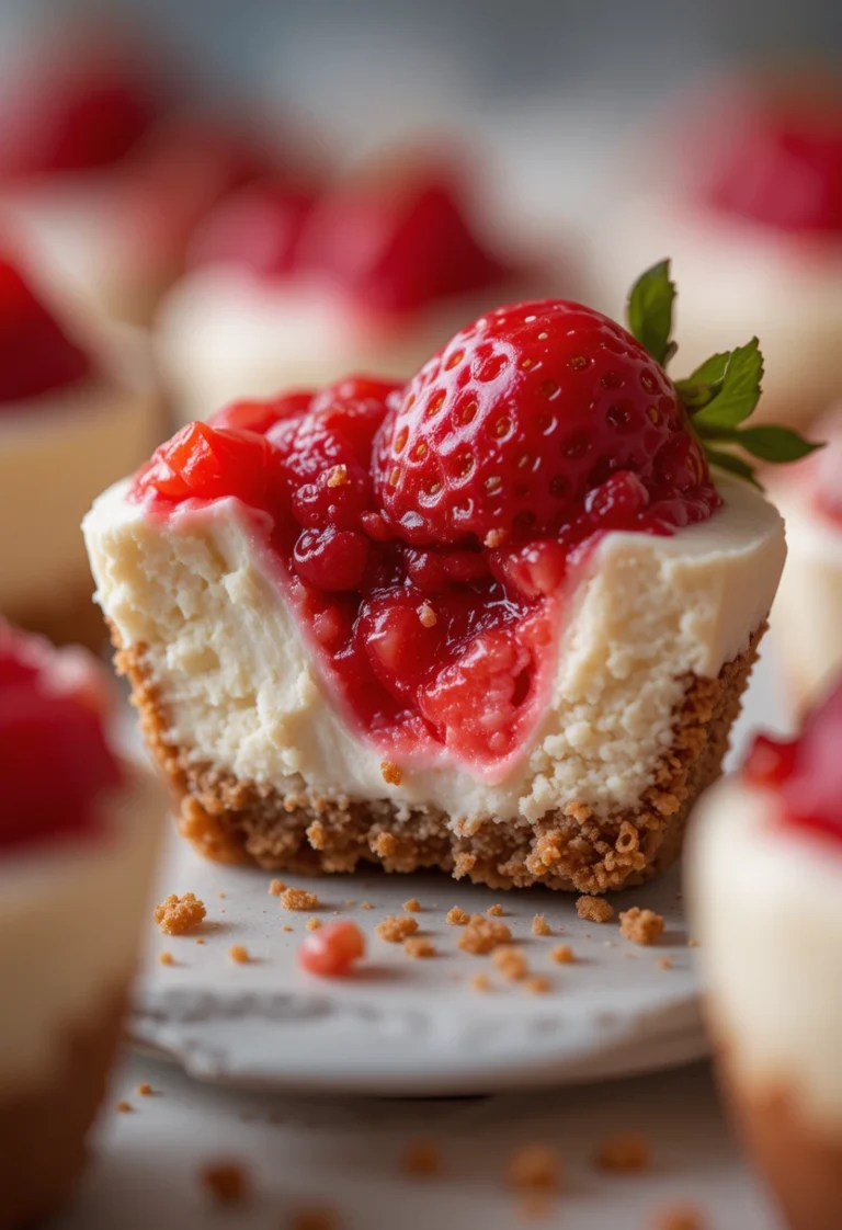 Close-up of creamy No-Bake Strawberry Cheesecake Cups with fresh strawberries