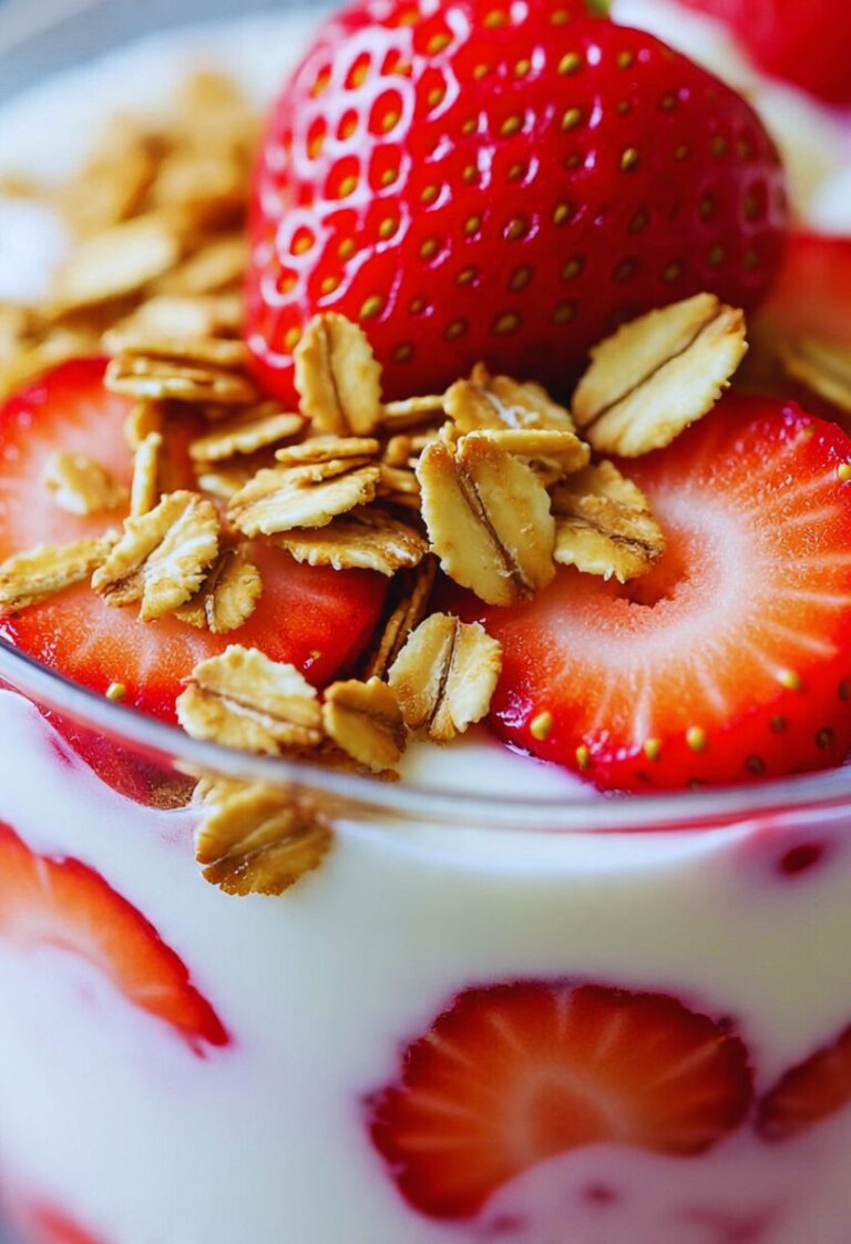Close-up of creamy yogurt parfait layered with fresh strawberries and granola.