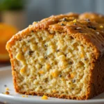 Orange Poppy Seed Loaf 3 Close-up of moist Orange Poppy Seed Loaf slice with poppy seeds and orange zest