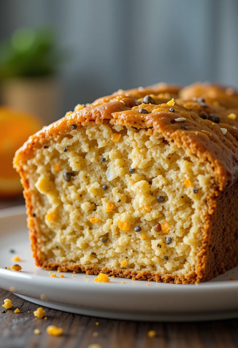 Close-up of moist Orange Poppy Seed Loaf slice with poppy seeds and orange zest