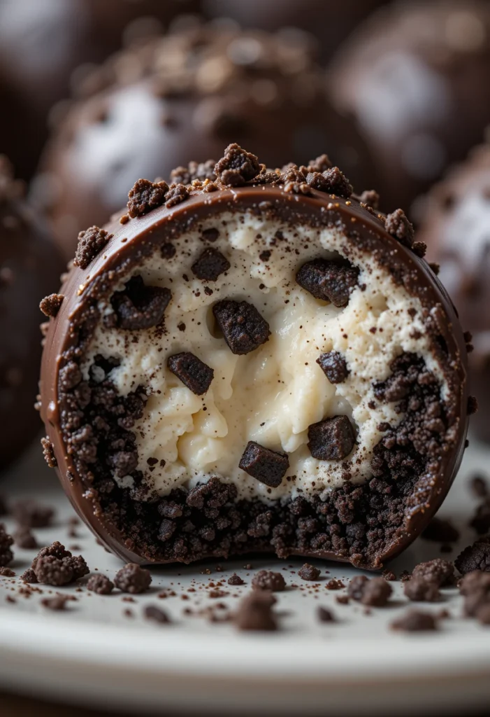 Close-up of Oreo Cheesecake Balls showing creamy center and chocolate coating