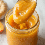 Peach butter recipe 5 Close-up of smooth, glossy peach butter on a spoon, highlighting rich texture and golden color