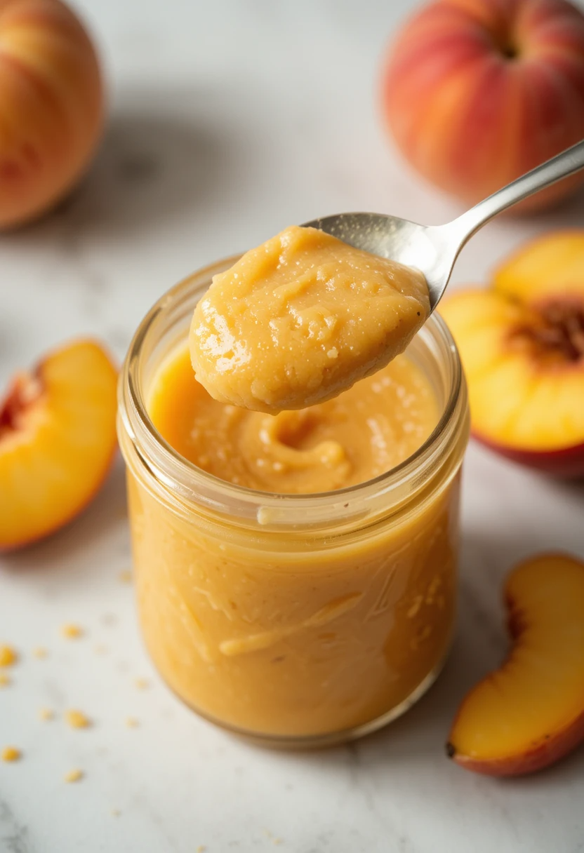 Peach butter recipe 4 Close-up of smooth, glossy peach butter on a spoon, highlighting rich texture and golden color