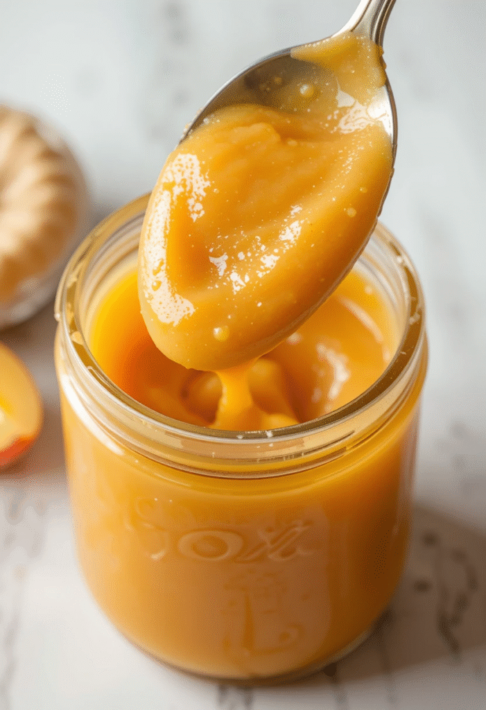Close-up of smooth, glossy peach butter on a spoon, highlighting rich texture and golden color