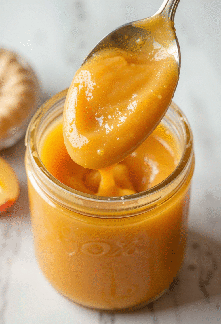 Close-up of smooth, glossy peach butter on a spoon, highlighting rich texture and golden color