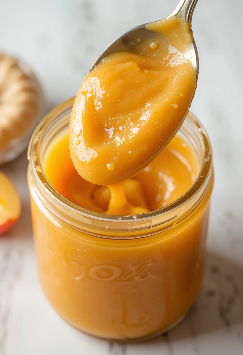 Close-up of smooth, glossy peach butter on a spoon, highlighting rich texture and golden color