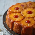 Pineapple Upside Down Cake 3 Close-up of a slice of Pineapple Upside Down Cake with caramelized pineapple rings and cherries