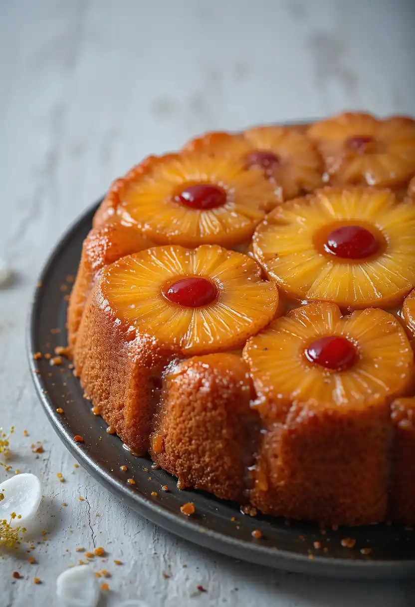 Close-up of a slice of Pineapple Upside Down Cake with caramelized pineapple rings and cherries