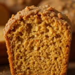Pumpkin Spice Bread 3 Close-up of a moist slice of pumpkin spice bread with golden crust