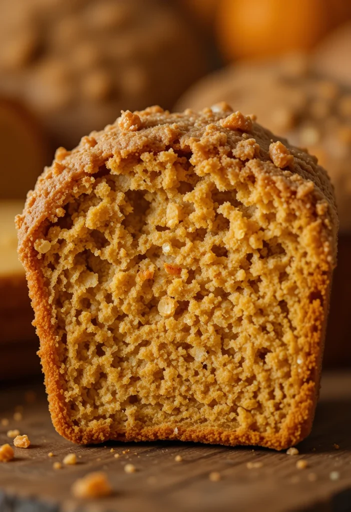 Close-up of a moist slice of pumpkin spice bread with golden crust