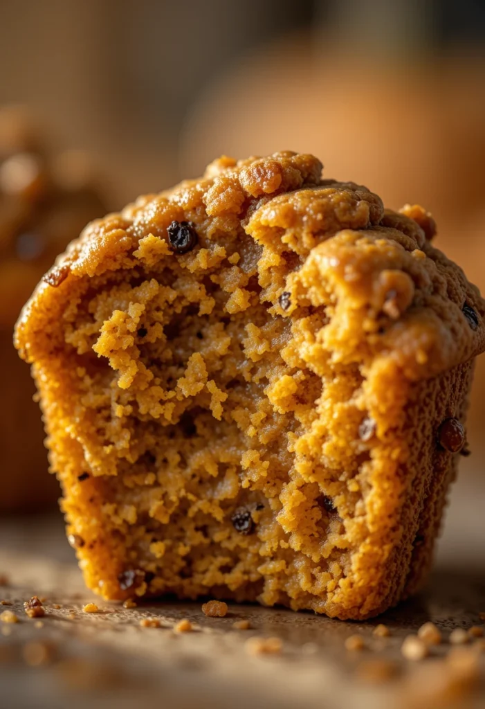 Close-up of a moist pumpkin spice muffin bite with golden crust