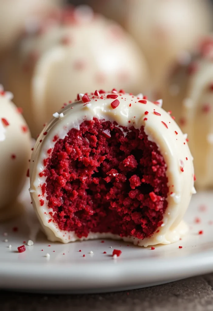 Close-up of red velvet cake truffle with white chocolate coating and red crumbs