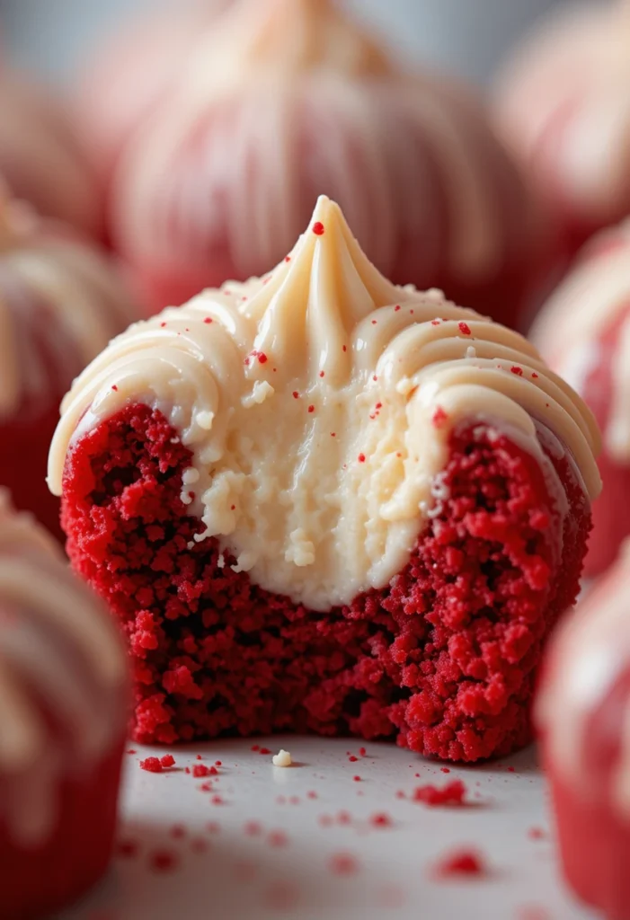 Close-up of a Red Velvet Cheesecake Bite showing creamy filling and red velvet cake