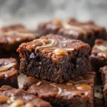 Salted Caramel Brownies 3 Close-up of fudgy salted caramel brownies with caramel swirls and sea salt flakes