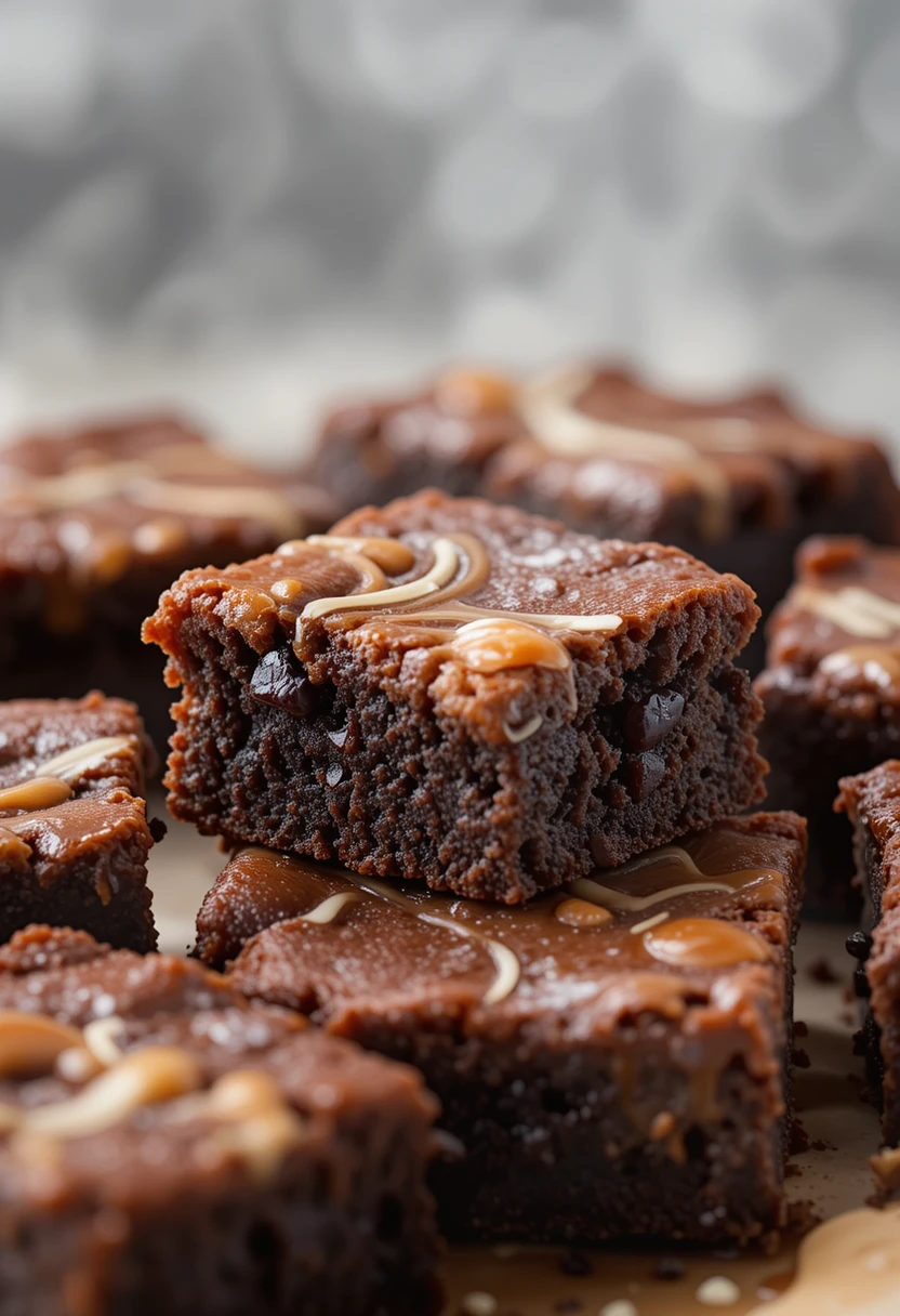 Close-up of fudgy salted caramel brownies with caramel swirls and sea salt flakes