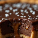 Salted Caramel Chocolate Tart 3 Close-up of a slice of Salted Caramel Chocolate Tart with gooey caramel and glossy ganache