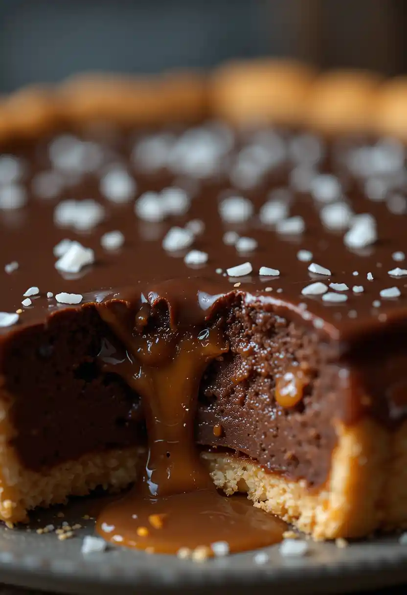 Close-up of a slice of Salted Caramel Chocolate Tart with gooey caramel and glossy ganache