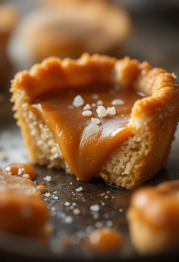 Close-up of a salted caramel tart slice showing gooey caramel and flaky crust