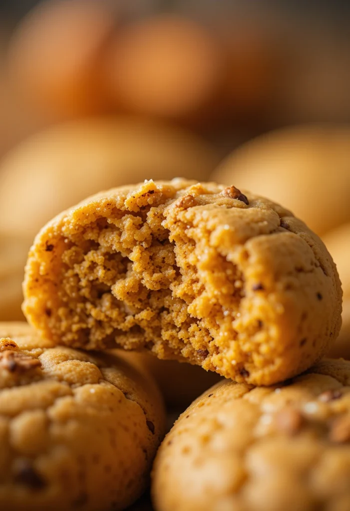 Close-up of soft pumpkin spice cookie with moist, tender crumb and warm spices