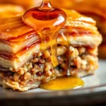 Traditional Baklava Recipe 3 Close-up of a honey-soaked traditional baklava piece showing flaky layers and nut filling