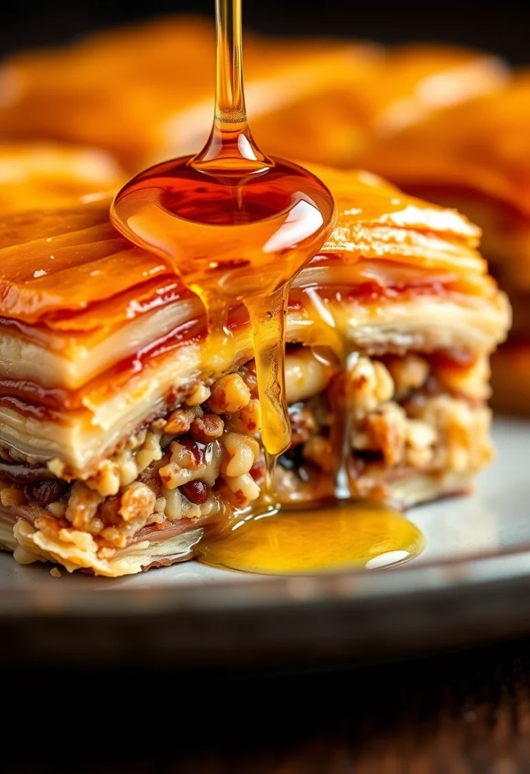 Close-up of a honey-soaked traditional baklava piece showing flaky layers and nut filling
