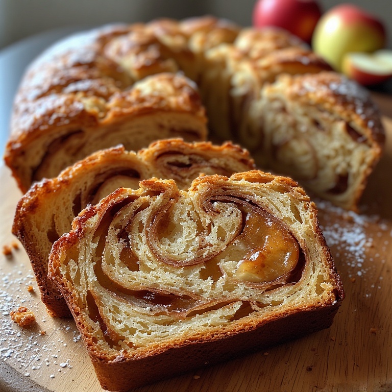 Close-up of Apple Fritter Bread with cinnamon swirls and apple chunks