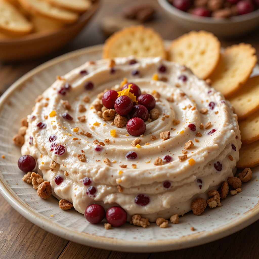 Baked Cream Cheese Cranberry Dip in skillet with nuts and fresh cranberries