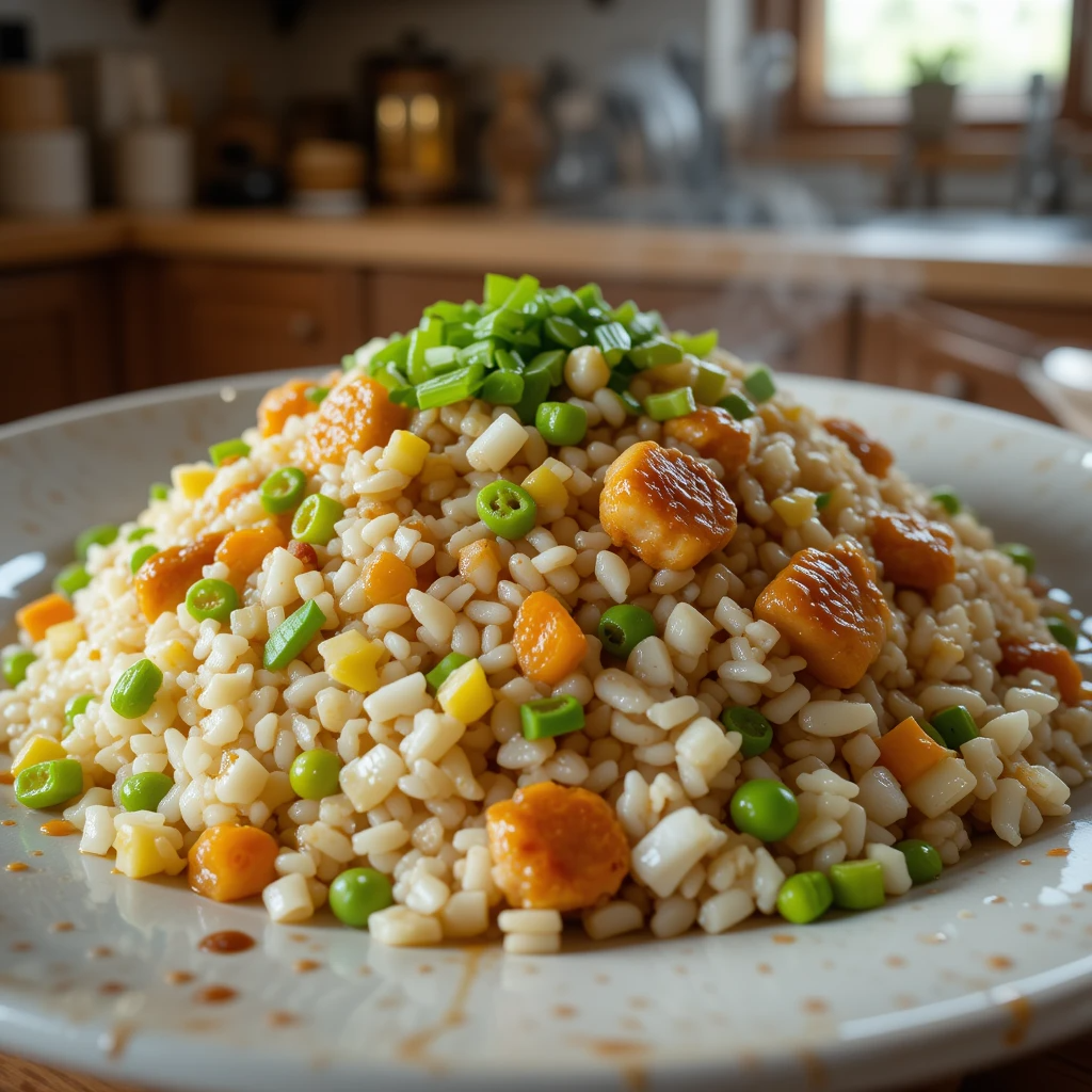 Plate of homemade fried rice with vegetables and scrambled eggs