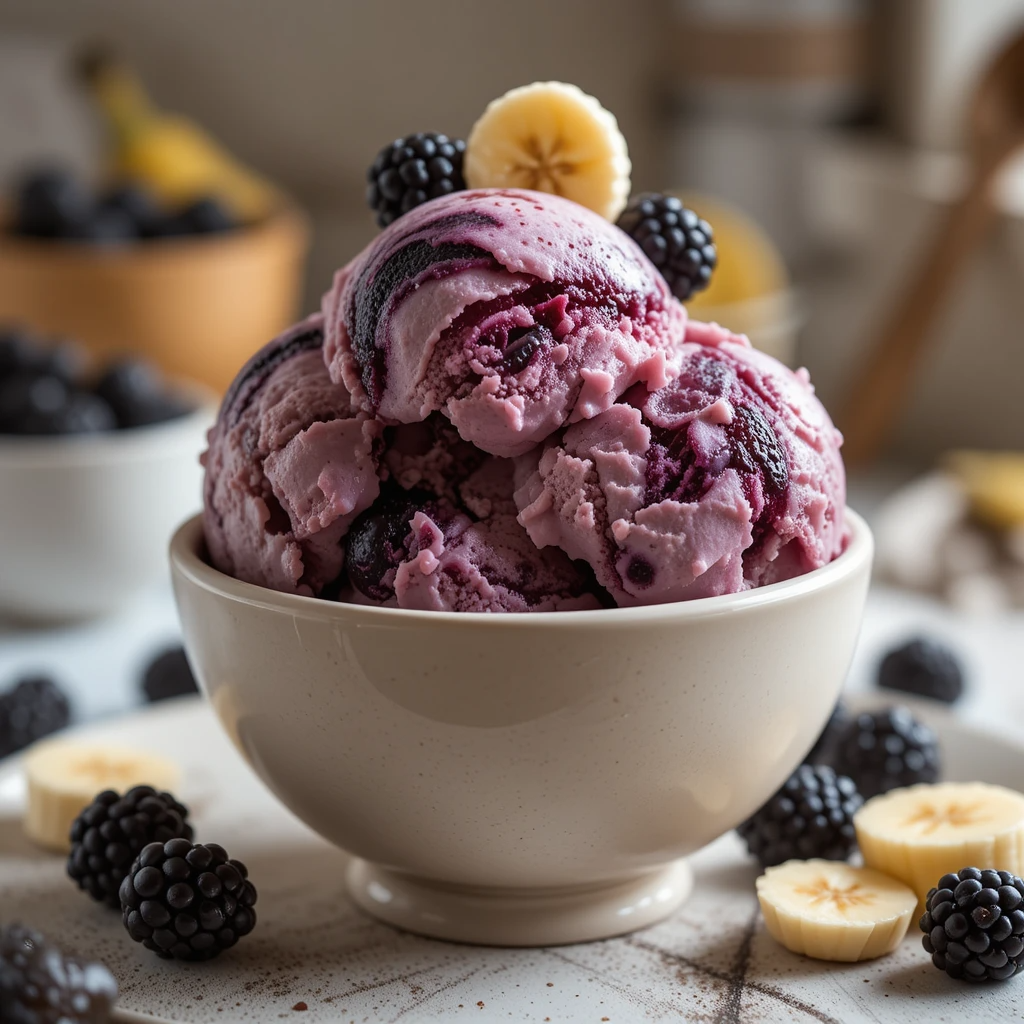 Bowl of creamy blackberry banana ice cream with fresh berries and mint