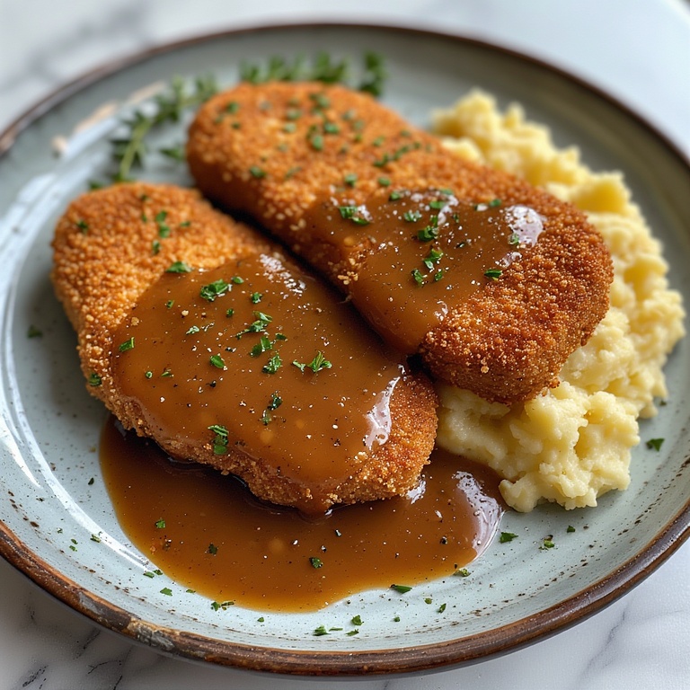 Breaded Pork Chops and Gravy Recipe 4 Close-up of Breaded Pork Chops with gravy