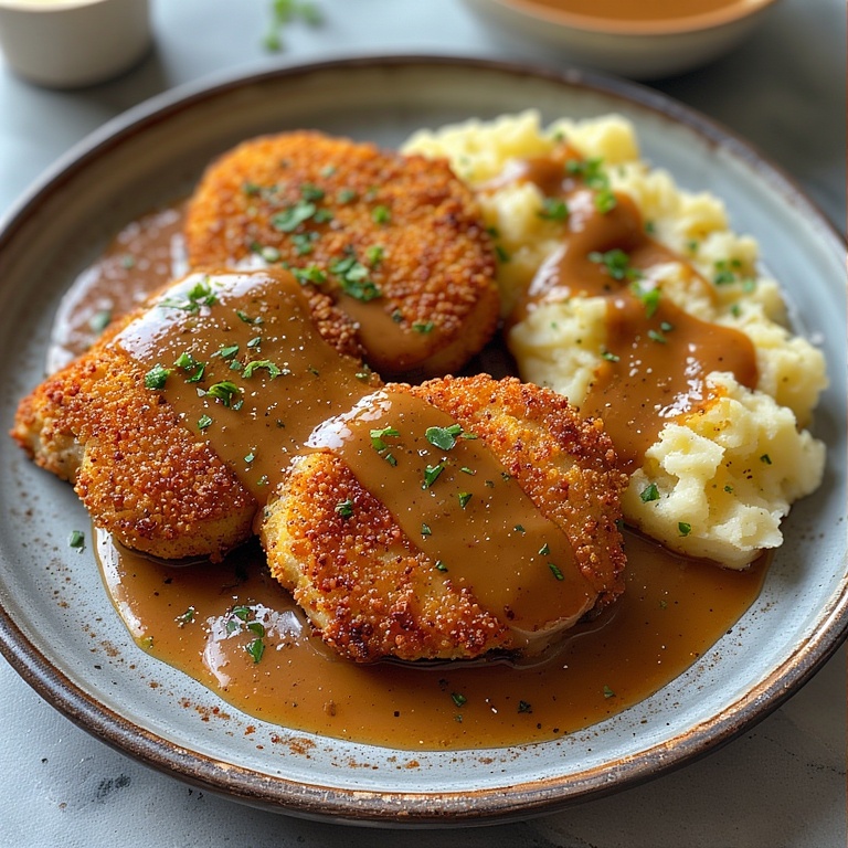 Close-up of Breaded Pork Chops with gravy