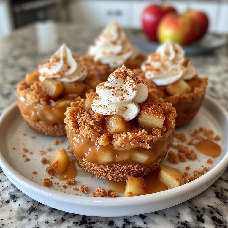 Caramel Apple Dessert Cups 4 Caramel Apple Cups with graham cracker crust, homemade caramel, cinnamon apples, and whipped cream, served on a ceramic plate.