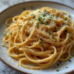 Cheesy Garlic Parmesan Spaghetti with Cream Cheese 5 Close-up of Cheesy Garlic Parmesan Spaghetti with creamy sauce