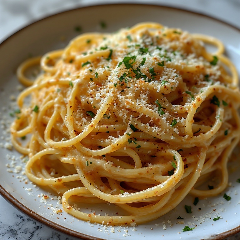 Close-up of Cheesy Garlic Parmesan Spaghetti with creamy sauce