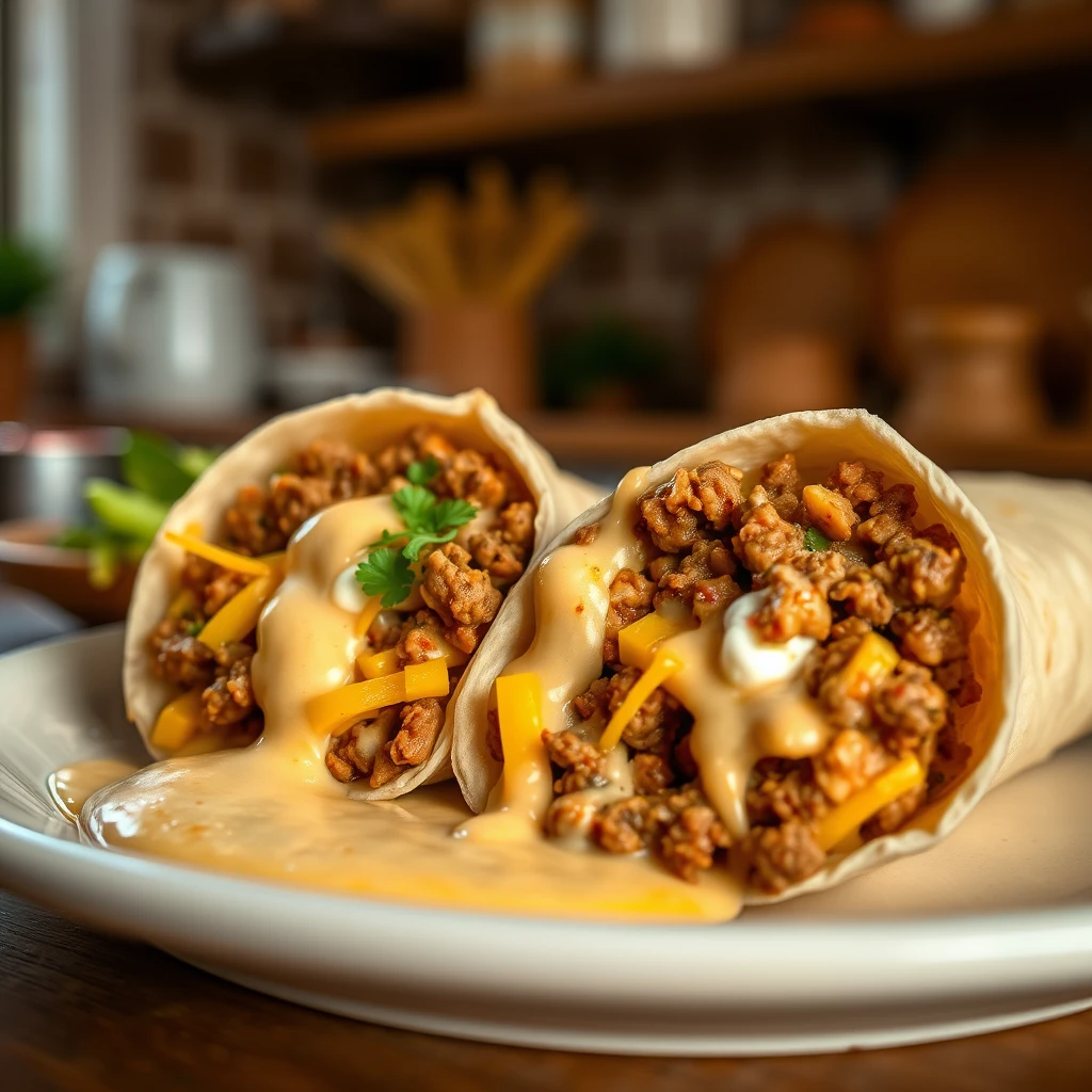 Cheesy Ground Beef Delight Wrap With Creamy Sauce 4 Cheesy ground beef wrap with creamy sauce served on a plate