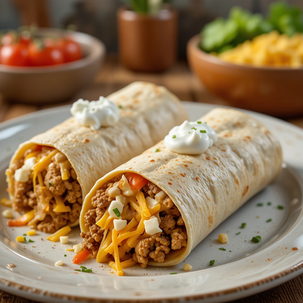 Cheesy ground beef wrap with creamy sauce served on a plate