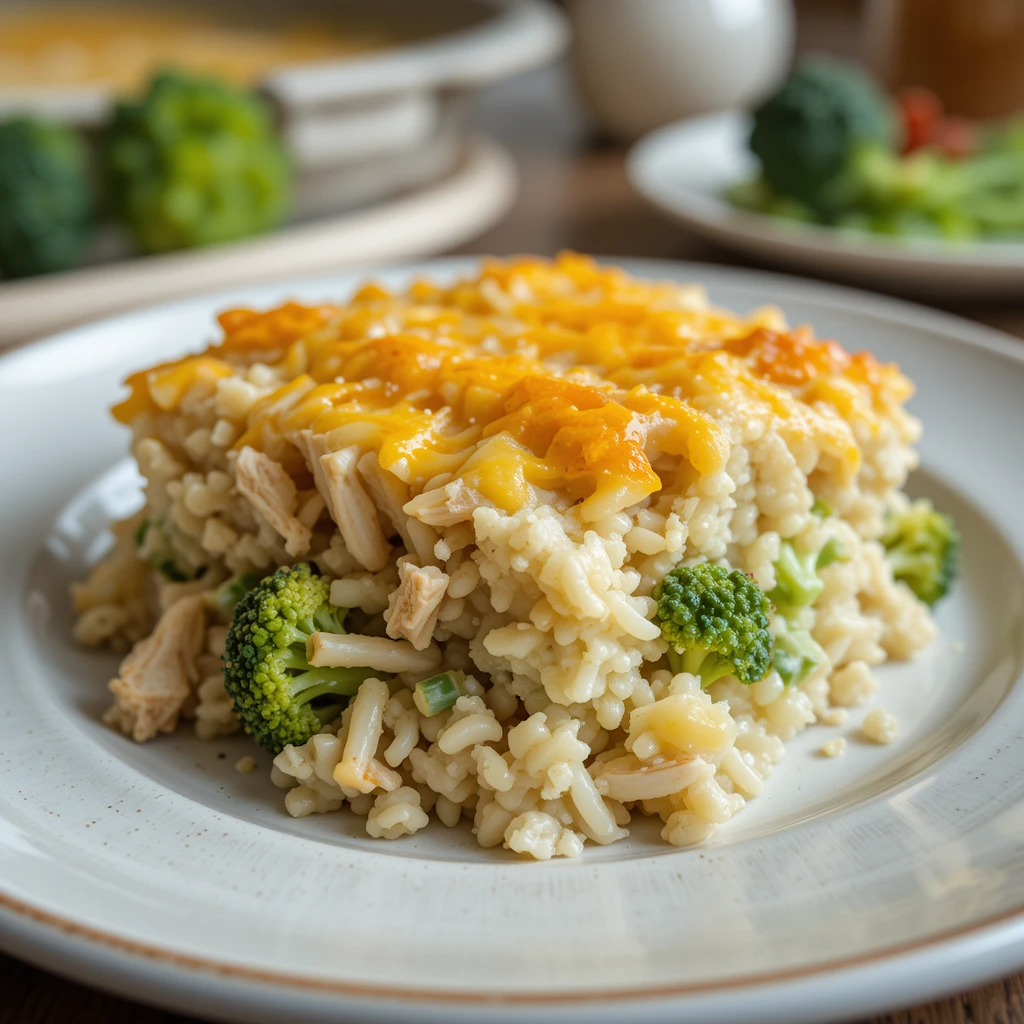 Chicken Broccoli Rice Casserole 4 Creamy chicken broccoli rice casserole topped with melted cheese in a baking dish