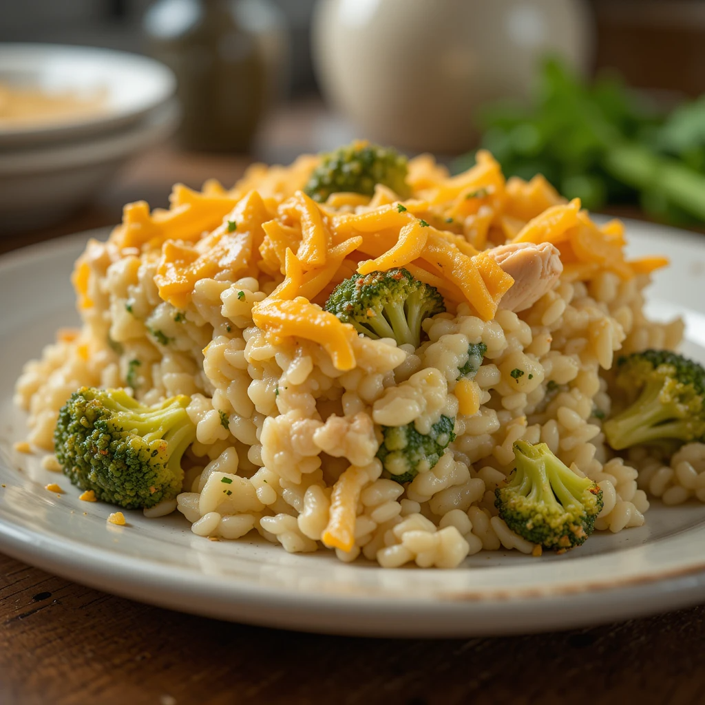 Creamy chicken broccoli rice casserole topped with melted cheese in a baking dish