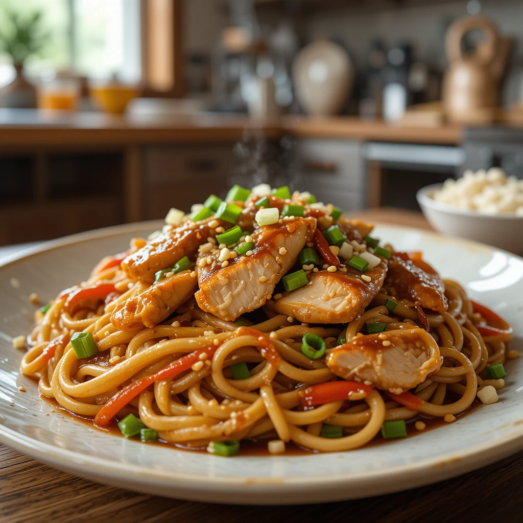 Chicken Teriyaki Noodles 4 Bowl of chicken teriyaki noodles with green onions and sesame seeds
