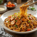 Chicken Teriyaki Noodles 5 Bowl of chicken teriyaki noodles with green onions and sesame seeds