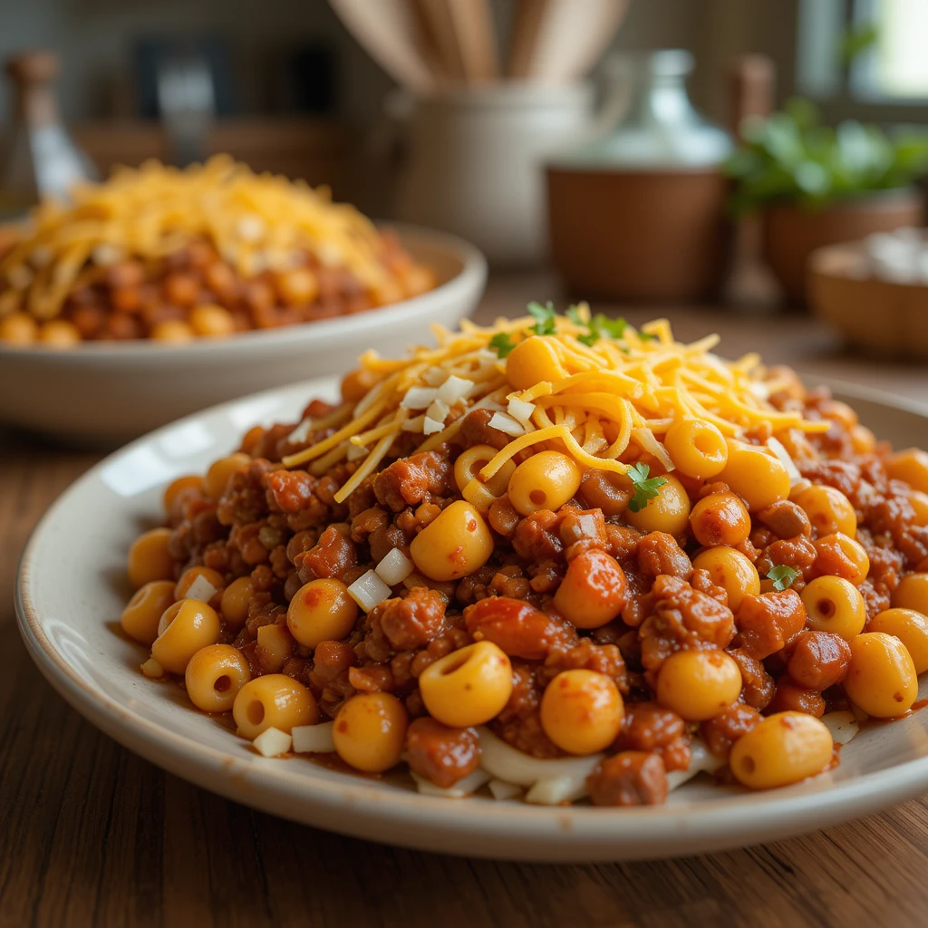 Chili Mac Recipe 4 A bowl of cheesy chili mac with melted cheddar cheese and kidney beans
