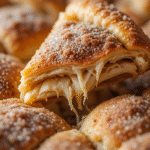 Close-up of cinnamon sugar pizza made with flaky crescent roll crust and cinnamon sugar topping