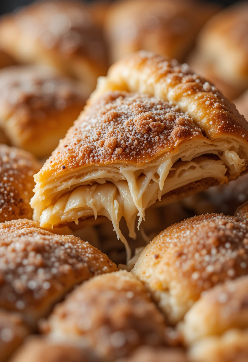 Close-up of cinnamon sugar pizza made with flaky crescent roll crust and cinnamon sugar topping