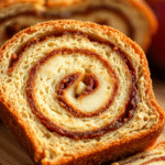 Cinnamon Swirl Apple Bread 3 Close-up of cinnamon swirl apple bread slice with apple pieces and cinnamon sugar swirl
