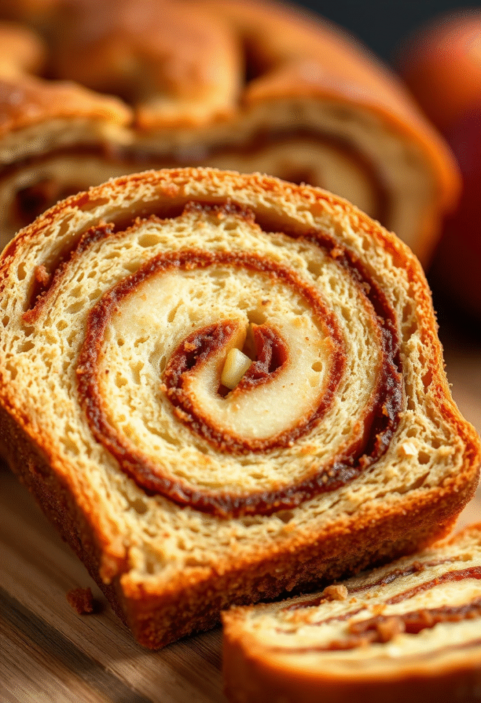 Close-up of cinnamon swirl apple bread slice with apple pieces and cinnamon sugar swirl