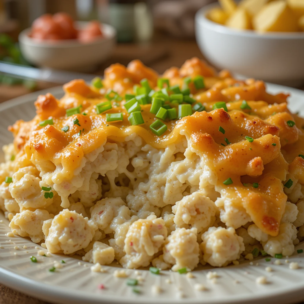 Hot, creamy crab rangoon dip topped with green onions and served with crispy wonton chips.