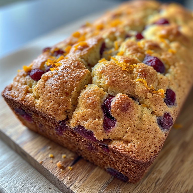 Cranberry Orange Loaf Recipe 4 Close-up of Cranberry Orange Loaf with cranberry flecks and orange zest