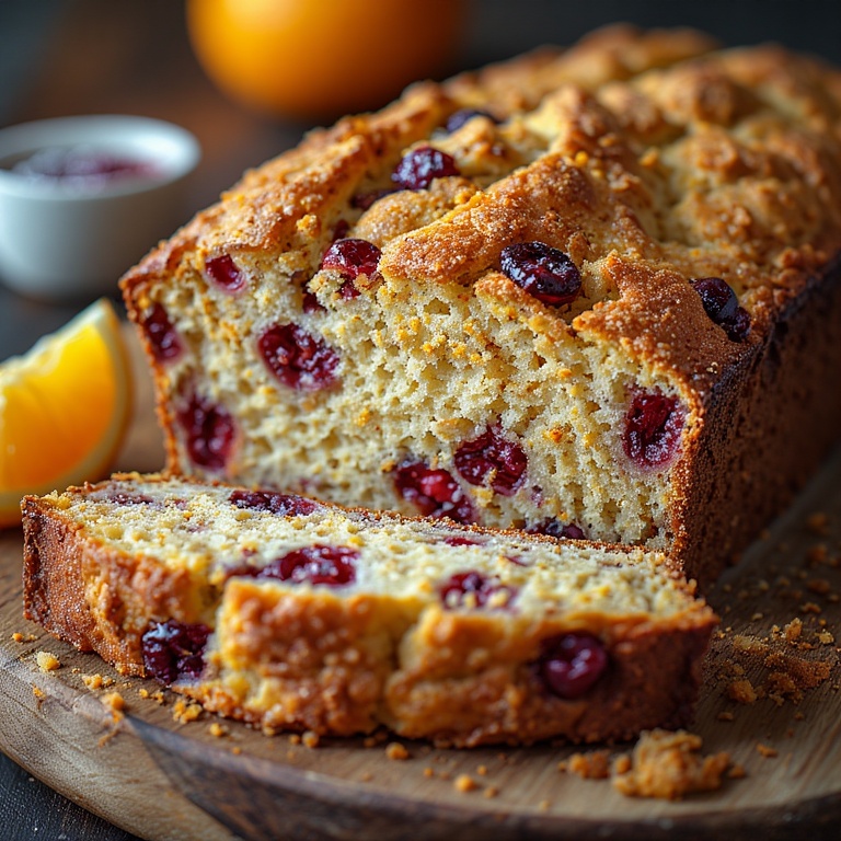 Close-up of Cranberry Orange Loaf with cranberry flecks and orange zest