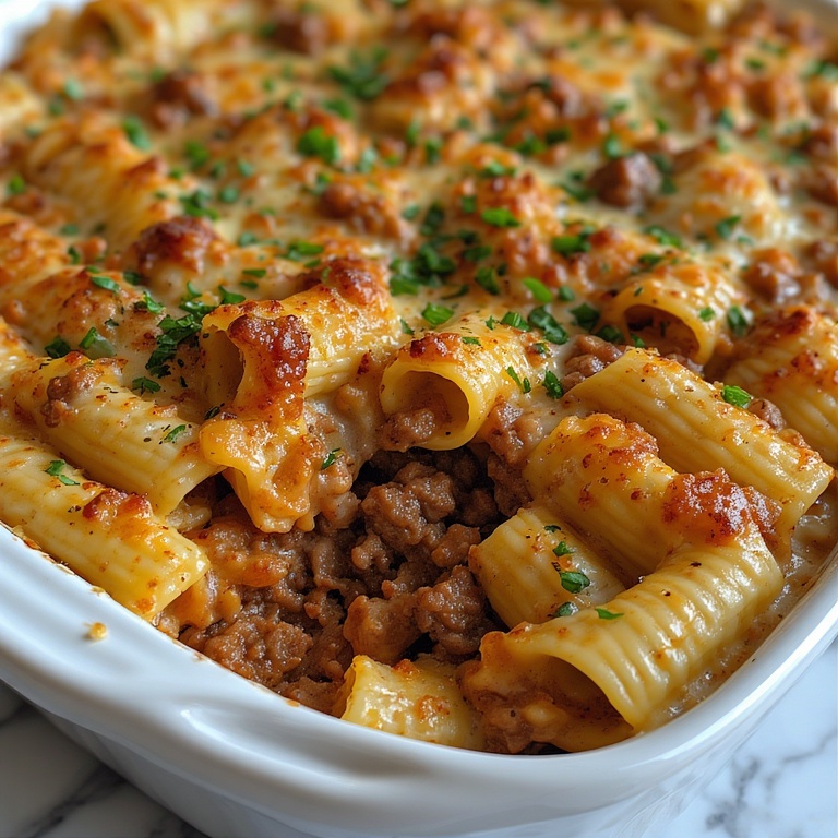 Rich and Comforting Creamy Beef Shells Casserole 4 Close-up of Creamy Beef Shells Casserole with melted cheese